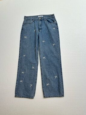 Love Soho Bow Embroidered Jeans Size 9 Wide Leg Blue Denim Coquette Trend
